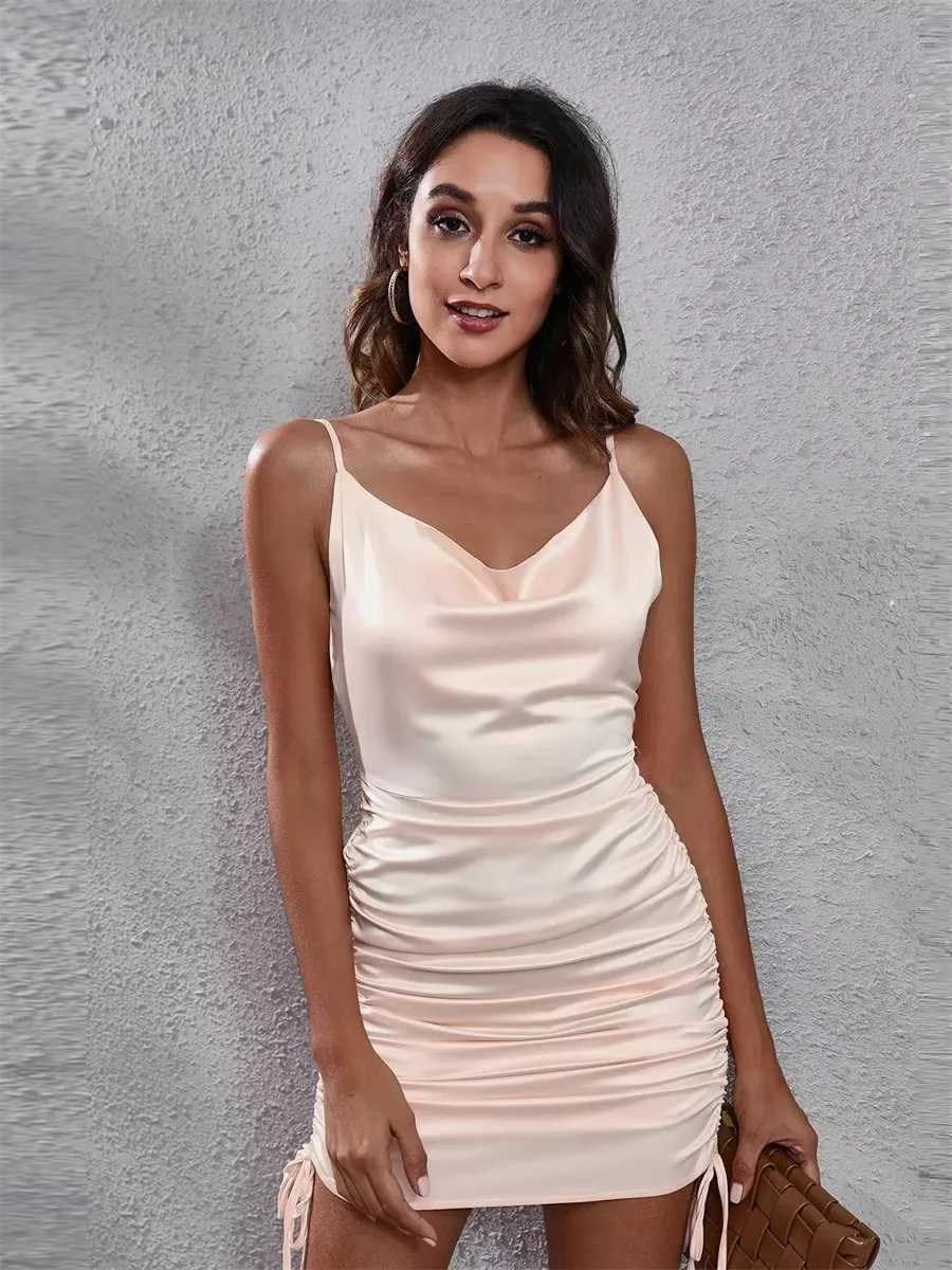 Womens summer style drawstring satin dress womens V-neck backless pleated backless solid color dress M260304