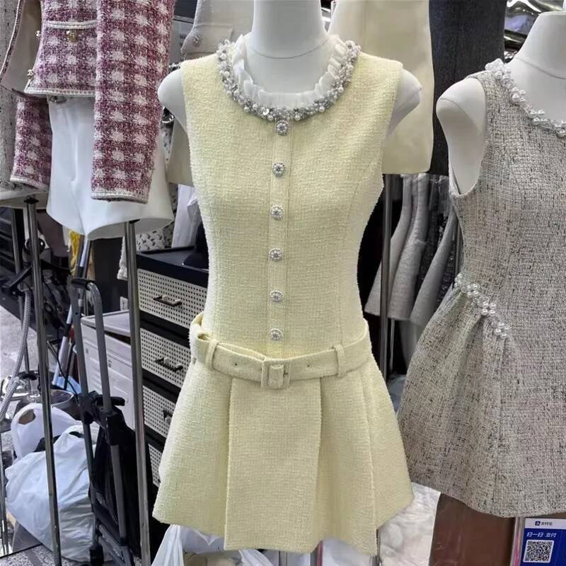 High Quality 2026 Spring Summer New French Luxury Small Fragrance Tweed Dresses For Women Pearl Collar Party Dress Robes Femmes