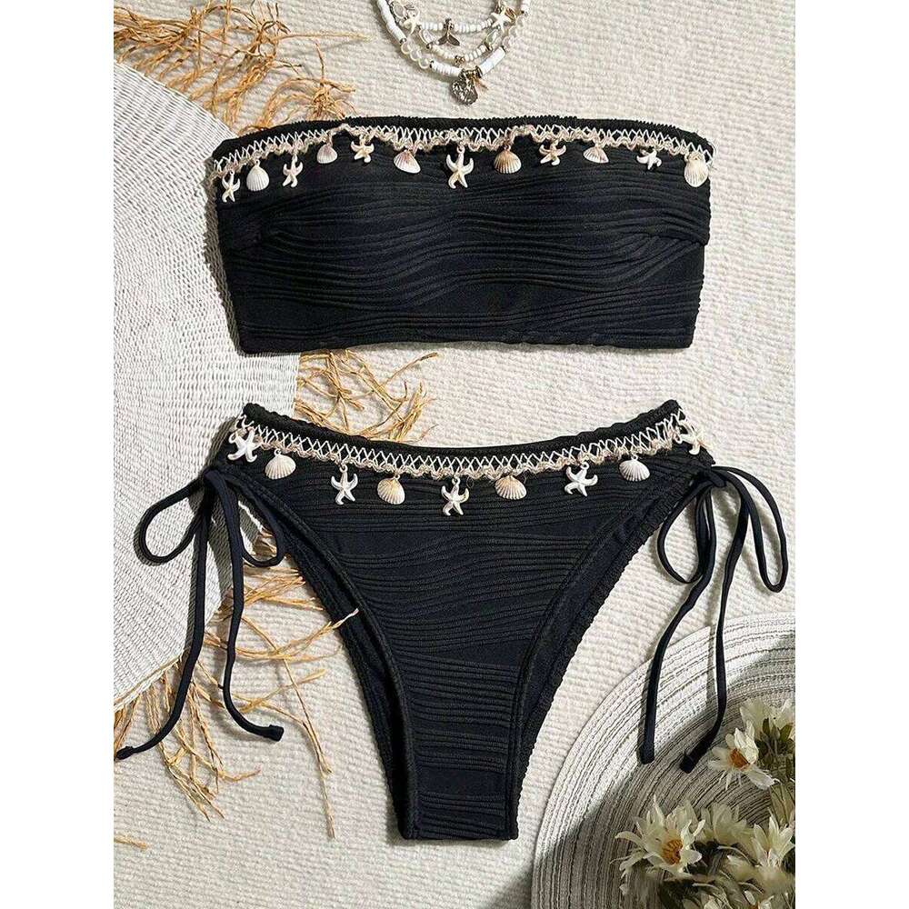 XS - XL Bandeau Wrinkled High Cut Women Swimwear Female Swimsuit Two-pieces Bikini Set Shell Bather Bathing Suit Swim Y260303