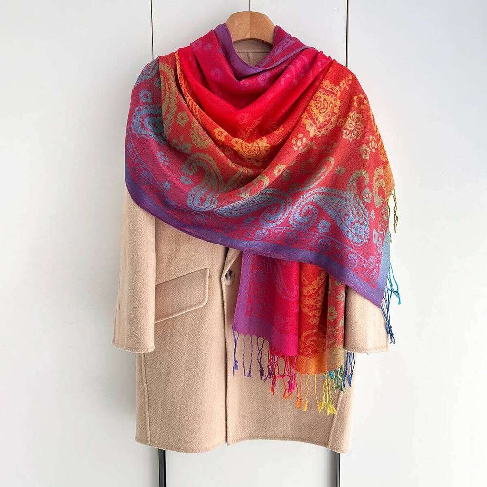 Rainbow Colors Winter Warm Thick Ethnic Style Jacquard Scarf Women Travel Muslim Hijab Cashmere Tassel Shawl Wrap Pashmina XJ260304