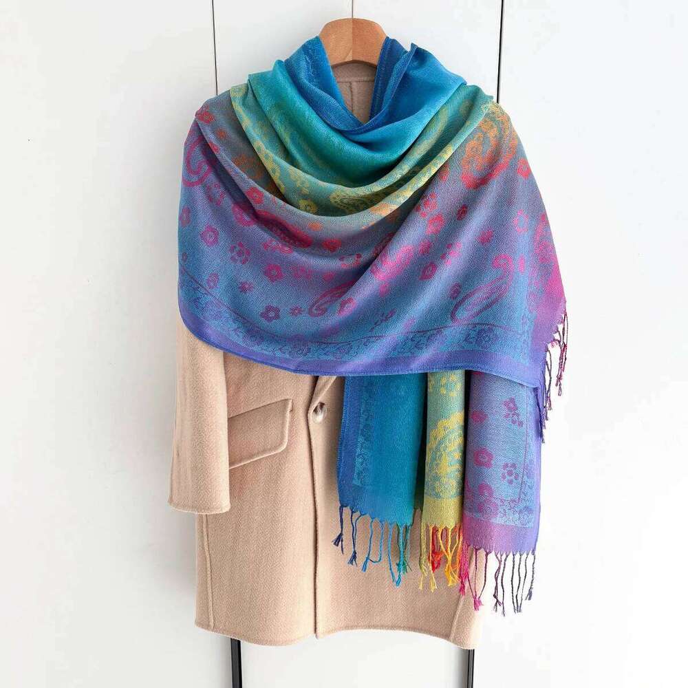 Rainbow Colors Winter Warm Thick Ethnic Style Jacquard Scarf Women Travel Muslim Hijab Cashmere Tassel Shawl Wrap Pashmina XJ260304