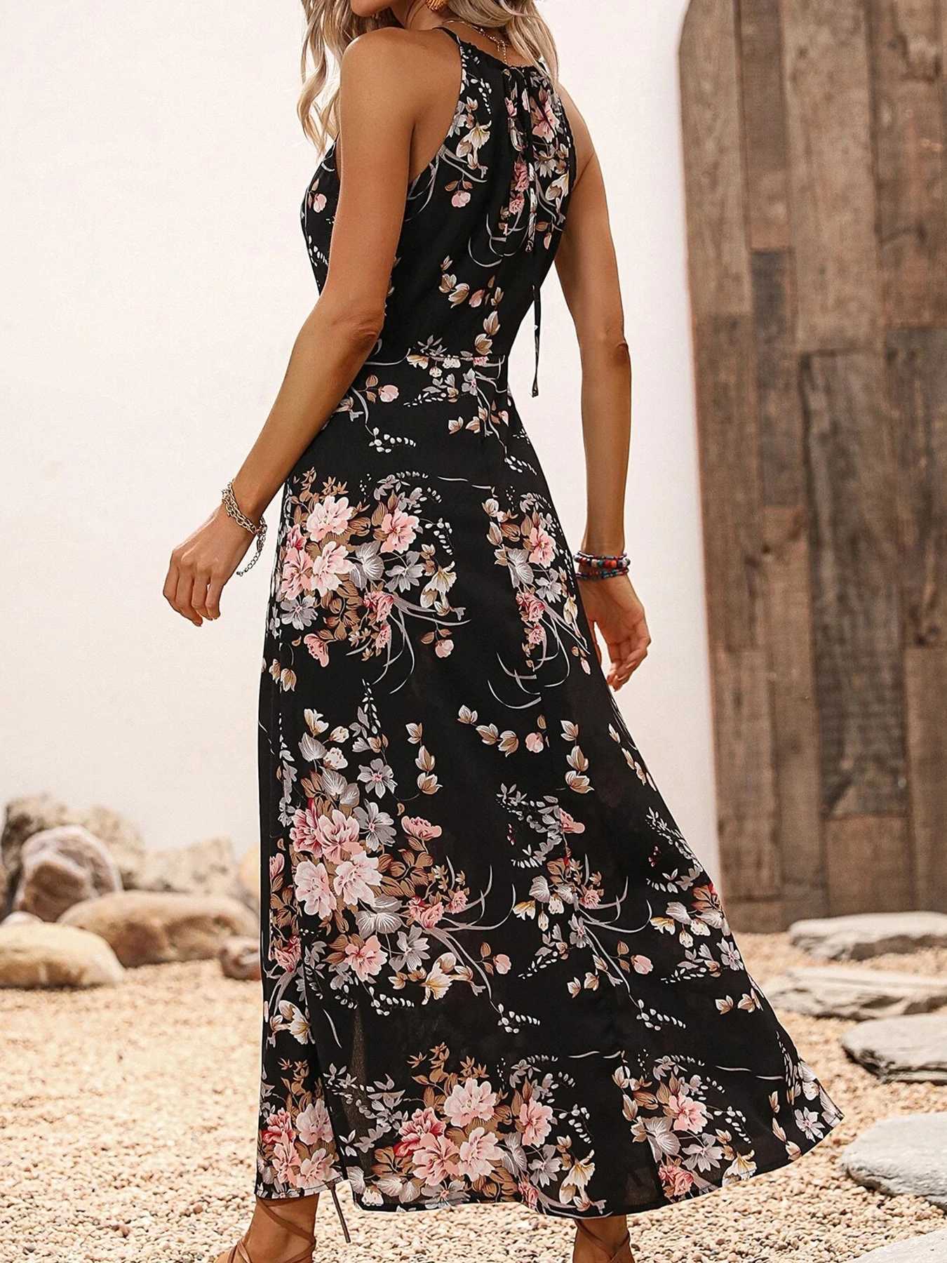 Womens Floral Print High Slit Thigh Halter Dress - Summer Sleeveless Sexy Bodycon Beach Party Clubwear M260304