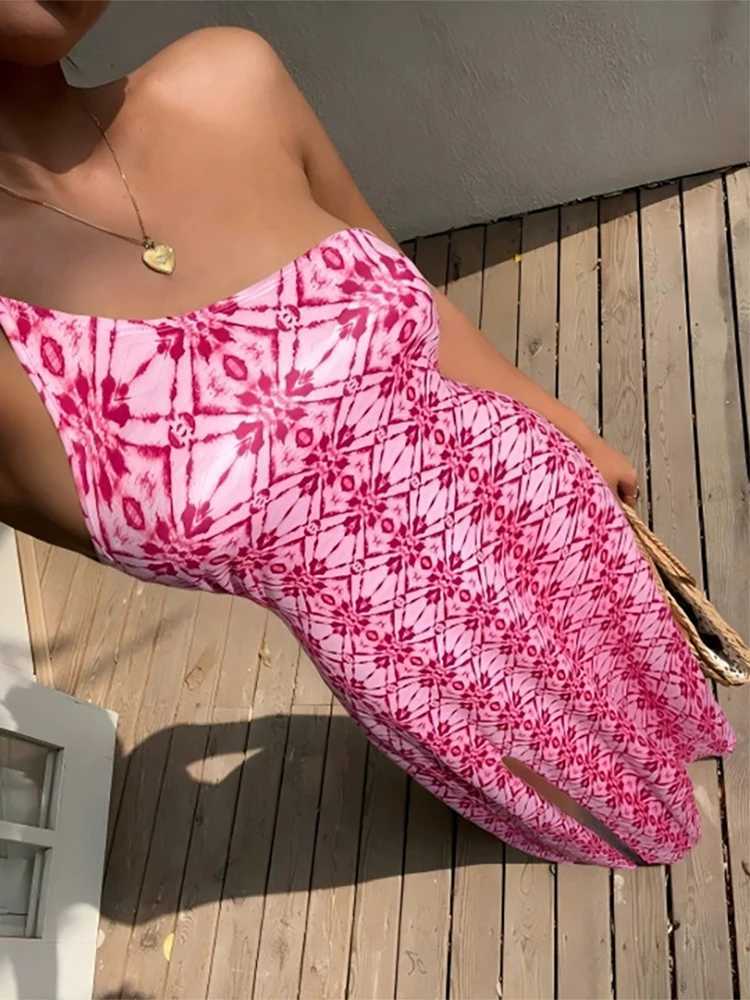 Single shoulder camisole strapless backless printed slit dress 2026 summer new product casual vacation style womens dress M260304