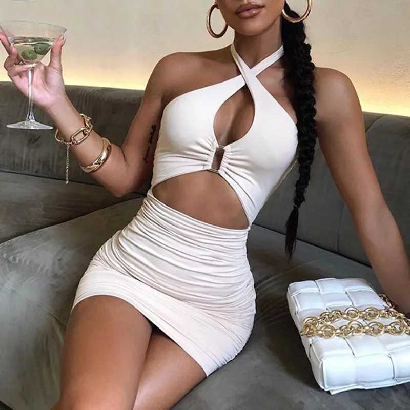 2022 Sleeveless Backless Hollow Out Bodycon Dress Summer Sexy Ruched Halter Mini Dresses Women Evening Dresses Party Club Outfit M260304