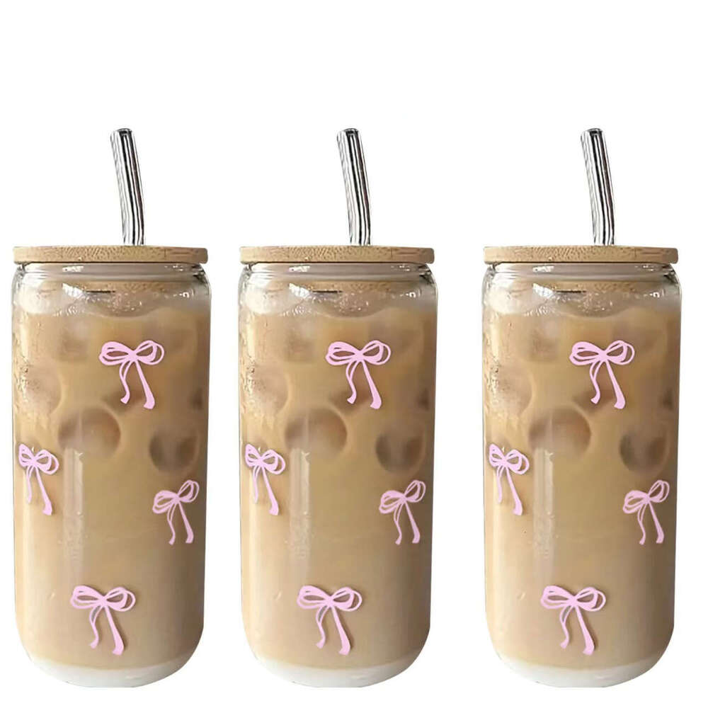 Drinking Utensils Pink Bow Glass Tumbler 500ml With Lid Straw For Outdoor Water Bottles Home Tableware High-Temperature Resistant Luxury Tea Coffee Cu