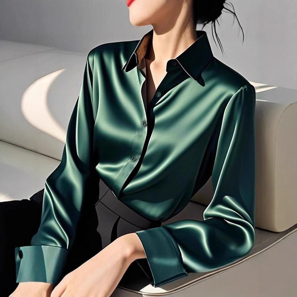 Spring New Fashion Polo Designer Shirt Shirt Designer Hoodie High-end Acetate Satin Dark Green Women's Long Sleeve Shirt Stylish And Elegant Blouse