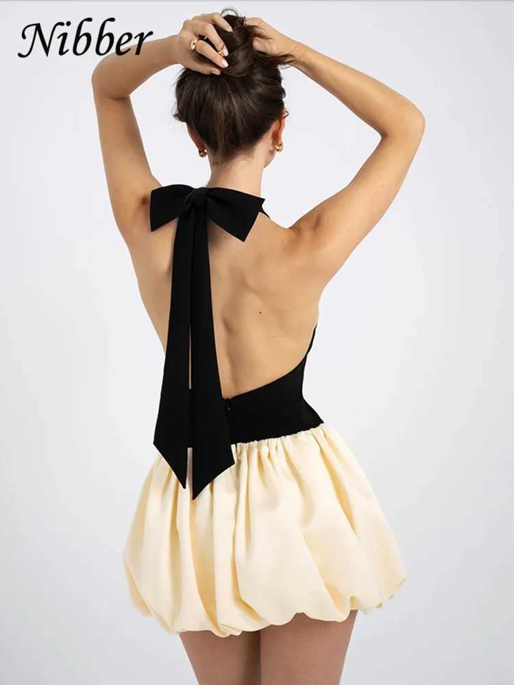 Nibber Halter Backless Dress Women Bandage Knot Ballet style Sleeveless Contrast Patchwork Trend Elastic Streetwear Mini Bodycon M260304