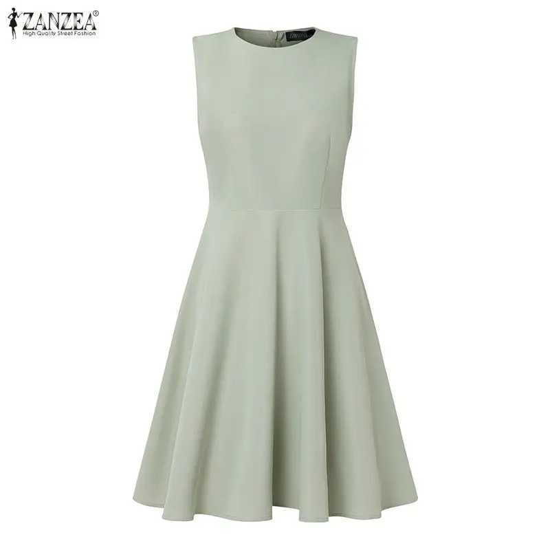 ZANZEA Summer Woman Elegant A-Line Party Dress Solid Color O-Neck Sleeveless Fit and Flare Knee-Length Dress Minimalist Sundress M260304