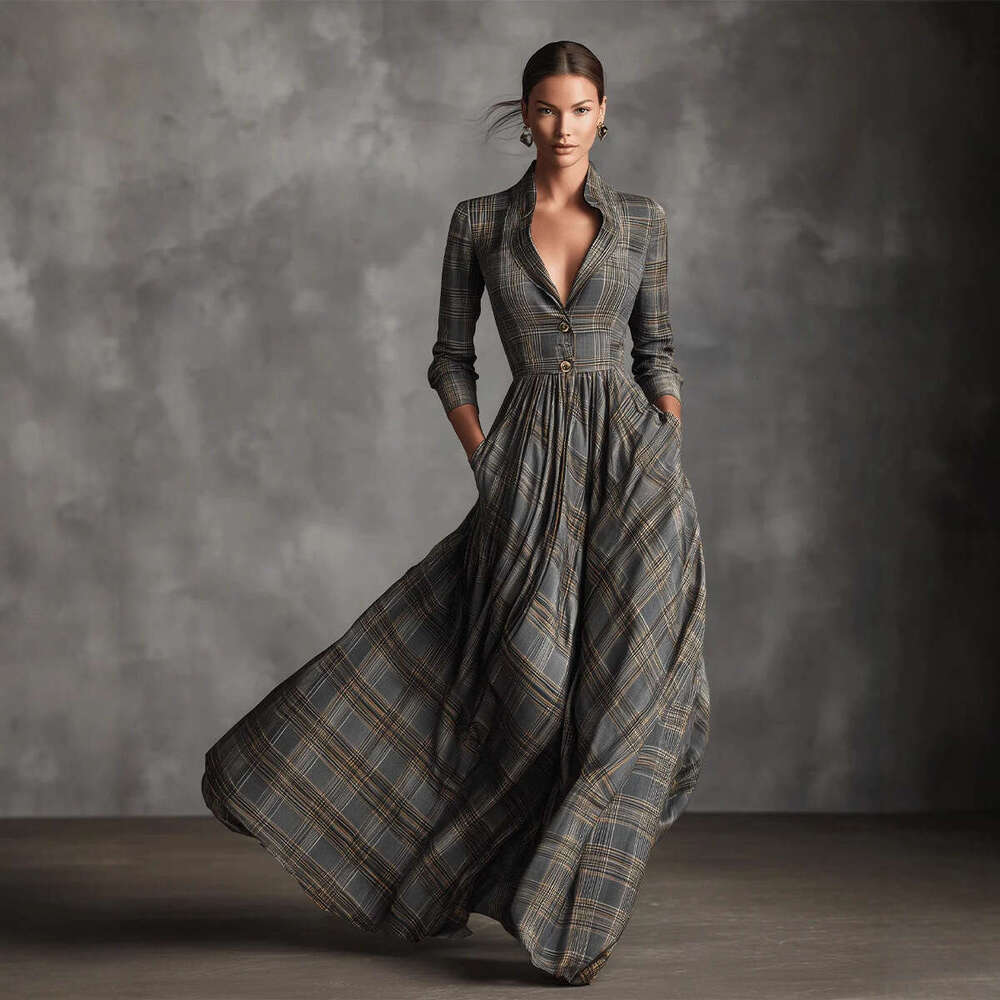 Elegant Womens Shirt Dress for Commute Leisure Grid Print Pleated Long Sleeve Dress with Pocket Autumn Office Dress