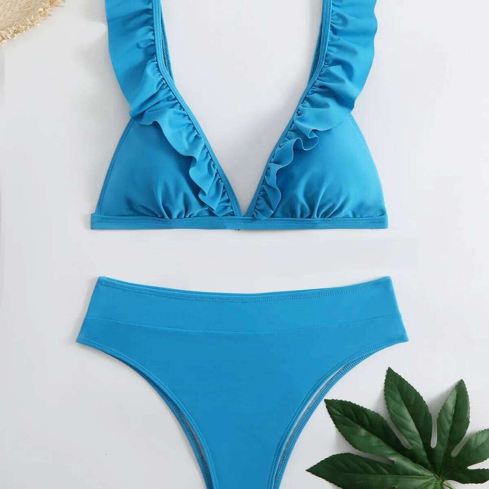 New split solid color bikini for women's pleated multi-color swimsuit Y260303