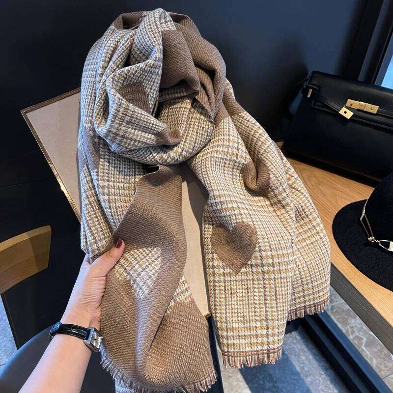 2024 New Double Side Cashmere Winter Women's Love Heart Plaid Ladies Long Thickened Warm Knitted Scarf Hijab Stole XJ260304
