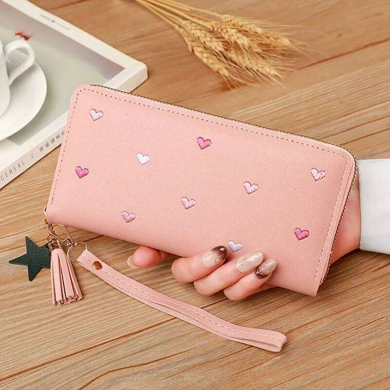 Simple Korean Women's Long PU Leather Love Heart Large Capacity Wallet Sweet Fold Clutch Bag Students C260304