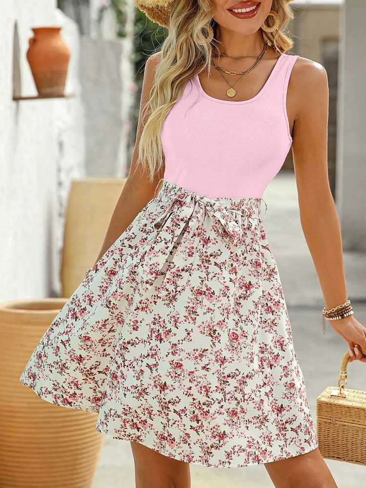 New Summer Woman Elegant Lace-up Sleeveless A-Line Dressbeach Dress For LadiesWoman ClothingFloral Dresses M260304