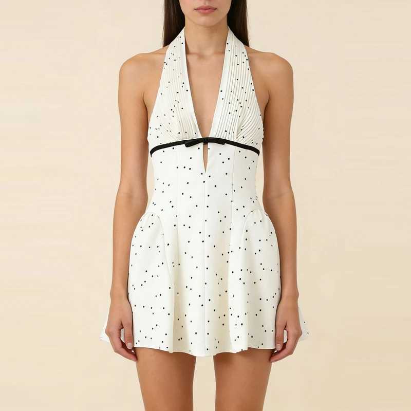 Summer Sleeveless Hollow Out Mini Dress Fashion Simple Pleated Party Short Dresses Sexy Backless Polka Dot Printed Halter Dress M260304