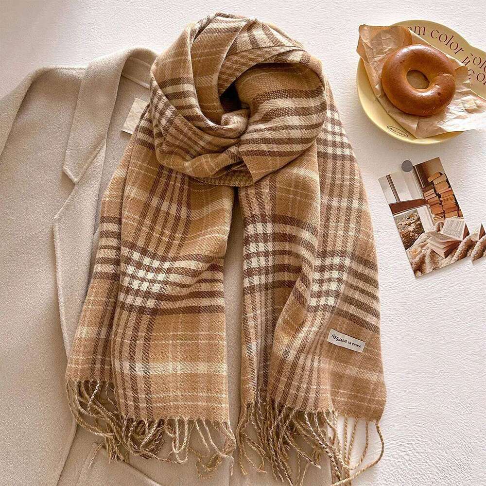 Winter Warmer Thickened Scarf For Women Plaid Print Tassel Pashmina Shawl Faux Cashmere Warps Autumn Elegant Ladies Blanket XJ260304