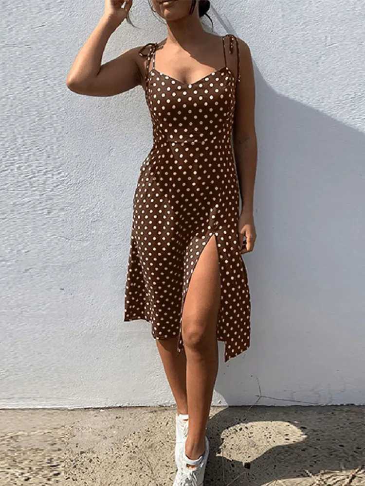 Dresses Sundress Summer Women Causal Polka Dot Sleeveless High Pleated elastic waist V-Neck Beach Dress Vestidos De Verano M260304