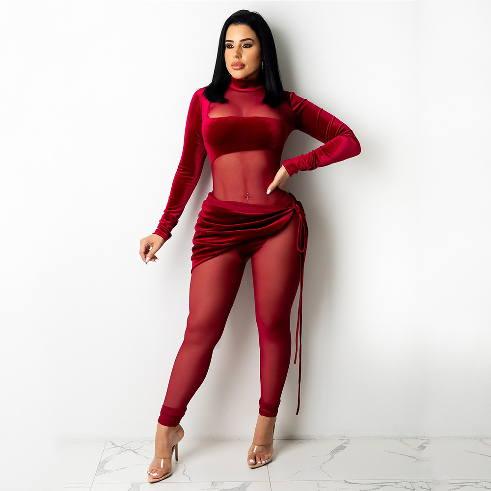 Women's designer mesh gauze sexy one-piece suit long-sleeved high-necked jumpsuit clubwear jumpsuits rompers