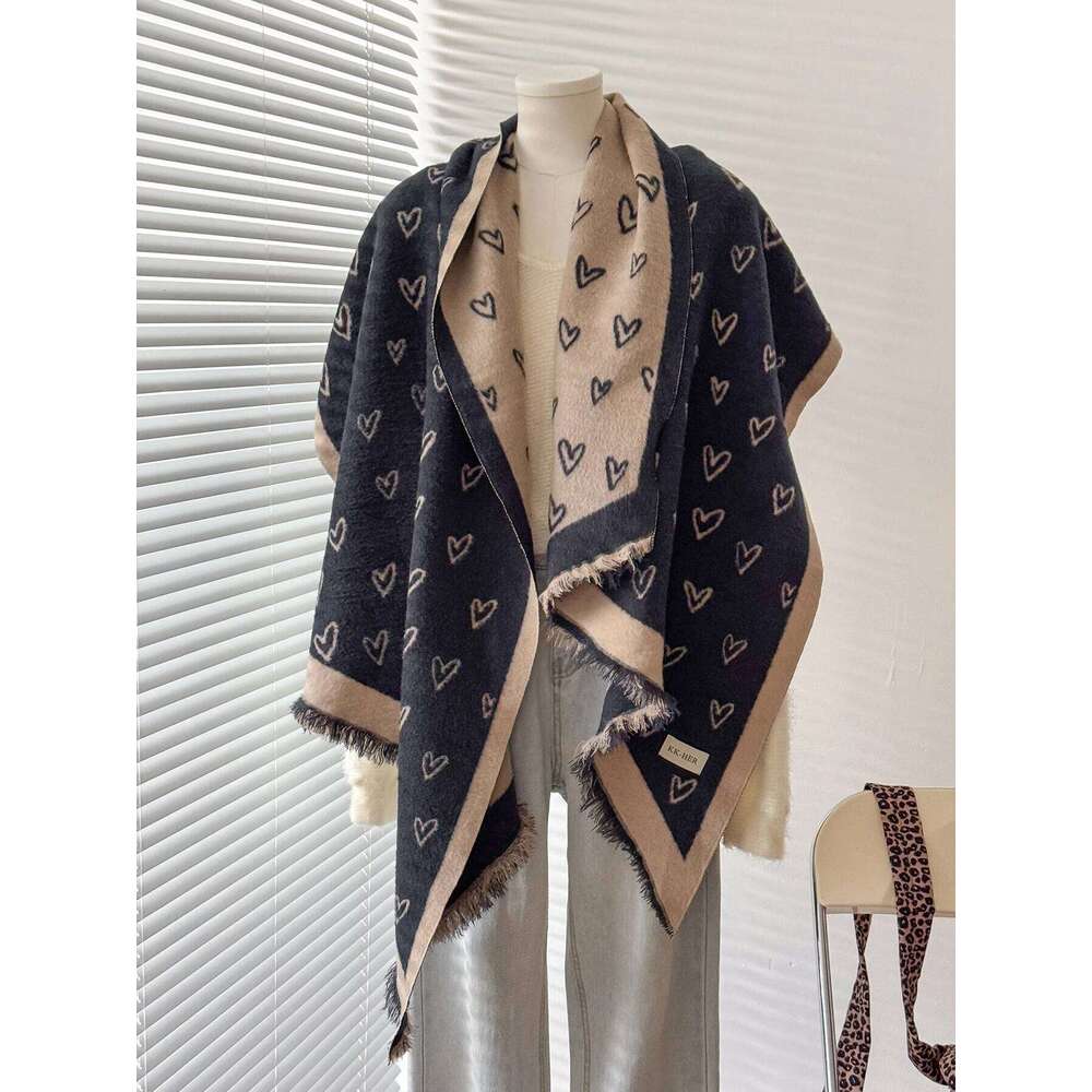 Women & Men Winter Warm Scarf Delicate Love Pattern Faux Cashmere Irregular Cut Double-Sided Neckerchief for Cold Days XJ260304