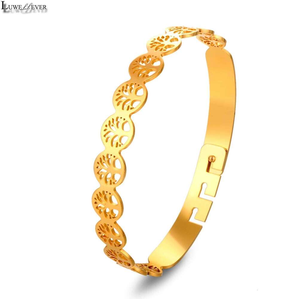 Stainless Steel Tree of Life 162 Bangle Bracelet Golden Plated Adjustable Open Cuff Jewelry Hypoallergenic Gift for Her Women XJ260303