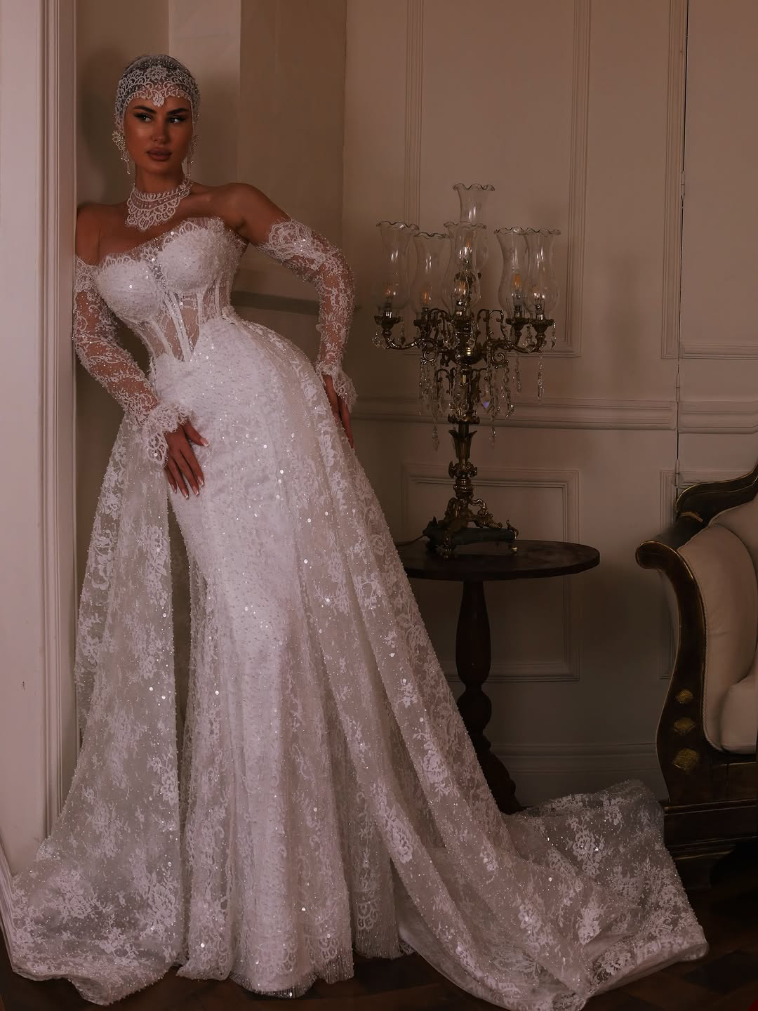 Vintage A Line Women Wedding Strapless Removable Sleeves Bridal Gowns Sequins Lace Detachable Train Dress Custom Made Vestidos De Novia D0306