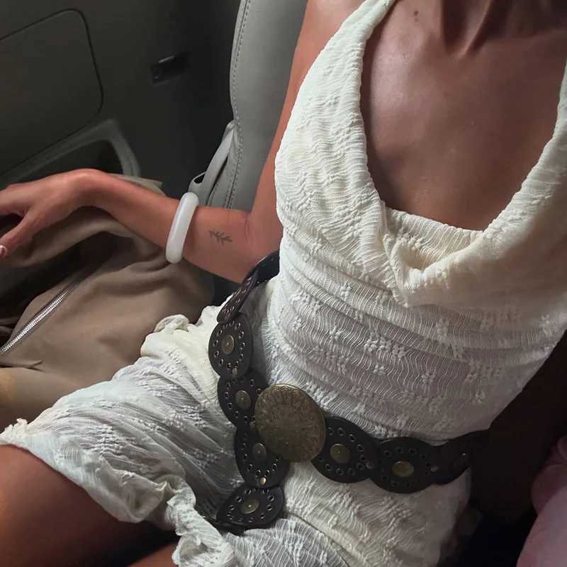 Sexy irregular dress with lace semi transparent casual vacation short skirt hanging neck low neck and waist cinching dress M260304