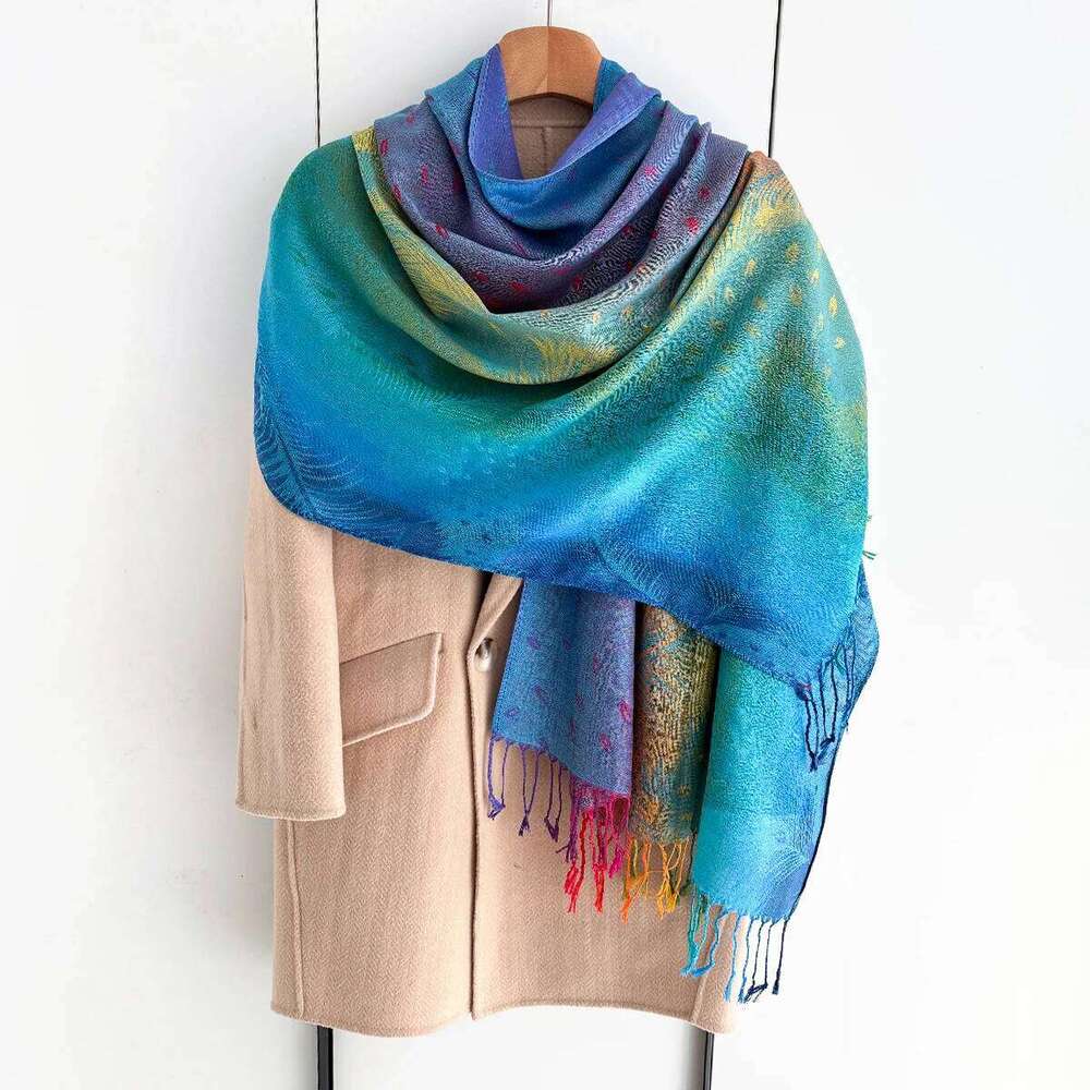 Rainbow Colors Winter Warm Thick Ethnic Style Jacquard Scarf Women Travel Muslim Hijab Cashmere Tassel Shawl Wrap Pashmina XJ260304