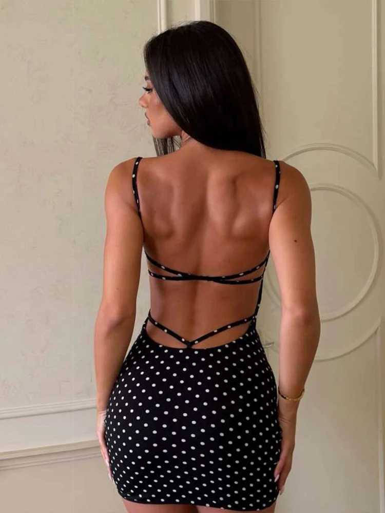 Kliou Sexy Fashion Mini Dress Woman Polka Dot Print Low-Neck Backless Skinny Peach Hip Hottie High Street Elegant Style Bodycon M260304