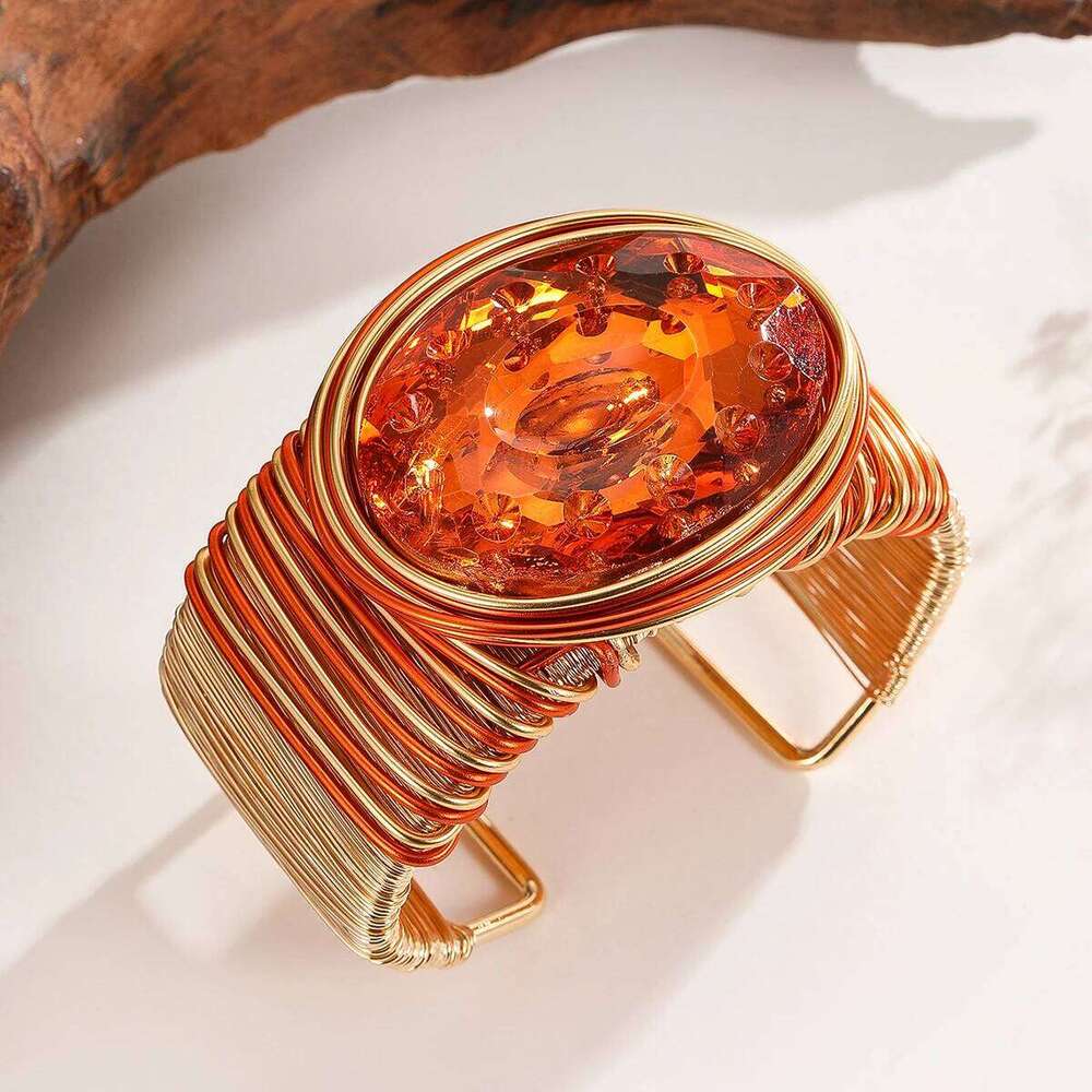 New Trendy Fashion Handmade Crystal Large Gems Aluminum Wire Wrapped Open Wide Bracelet Bangle For Women Party Accessories XJ260303