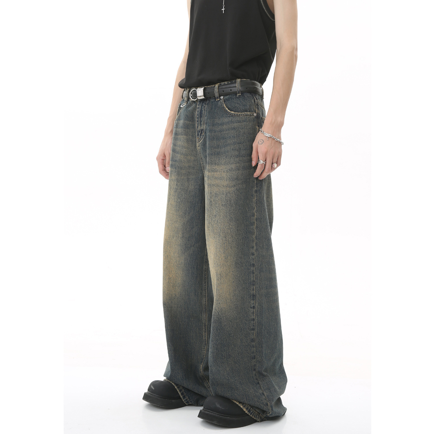 New Unisex Four Seasons New Vintage Hong Designer Pants Kong Style Distressed Loose Wide-leg Floor-length Jeans