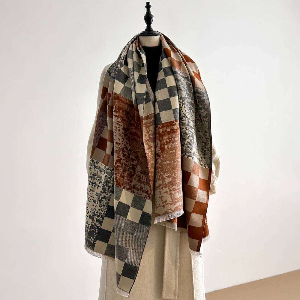 Luxury Winter Scarf Women Faux Cashmere Warm Checkerboard Pattern Pashmina Brand Foulard Female Shawls Wraps Thick Soft Bufanda XJ260304