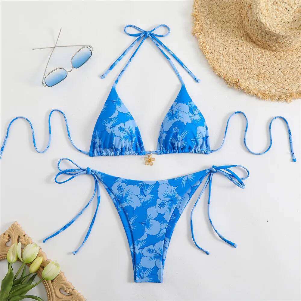 Sexy Rose Red Flower Print Micro Thong Bikini Women Swimwear 2026 String Halter Swimsuit Swimming Wear Triangle Bikinis Sets Y260303