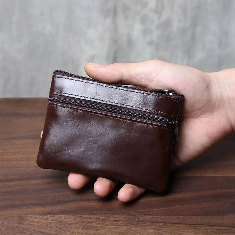 Handmade Genuine Leather Small Wallet, Business Top Layer, Cowhide Simple Zipper, Driver's License Bag, Bus Card Bag C260304