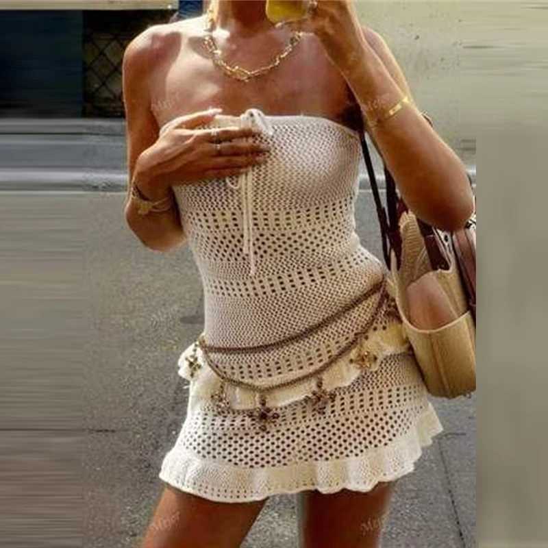 Fashion Tie Up Casual Cover-up Dress Lady Sexy Knitted Hollow Out Sleeveless Dress Summer Pure Color Halter Beach Vacation Dress a10 M260304