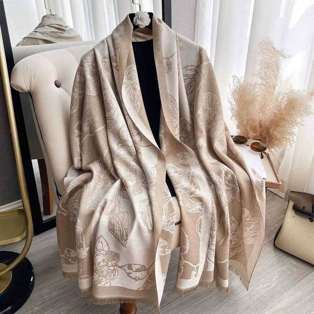 New Spring and Autumn Women Elegance Flowers Shawl Brand Designer Lady Golden Thread long Scarf Muslim Wrap Headscarf Pashmina XJ260304