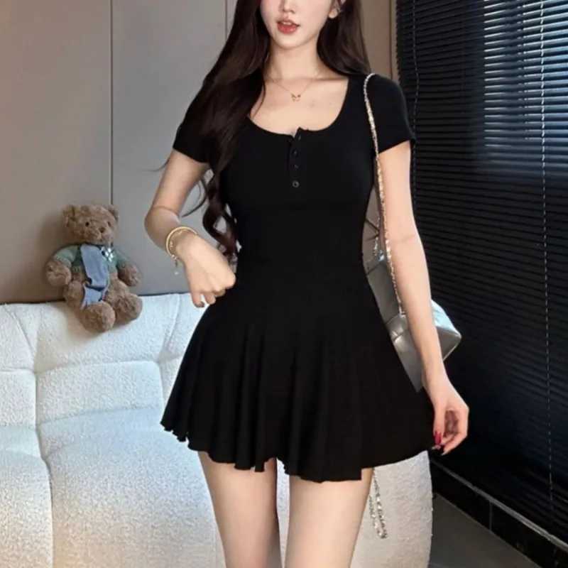 Short Sleeve Mini Dresses Women Summer Spicy Girls Slimming Pleated Single Breasted Trendy Fashion Ulzzang Casual Daily Female M260304