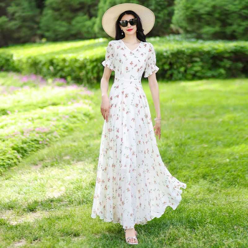 V-Neck Dress Youthful Slim-Fit Elegant Gown Fashionable Casual Beach Maxi Dress M260304