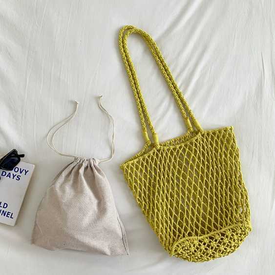 Large-capacity tote bag with cotton rope mesh pocket, beach bag with woven mesh pocket, straw bag with woven net pocket H260304