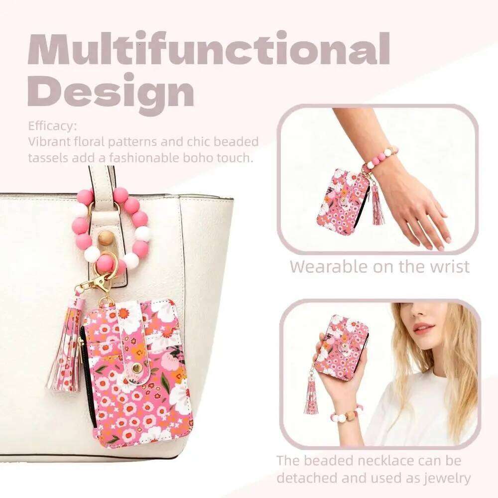New PU Leather Boho Beaded Tassel Keychain Anti-Loss Wristlet Wallet Waterproof Storage Credit Card Holder Purse Women C260304