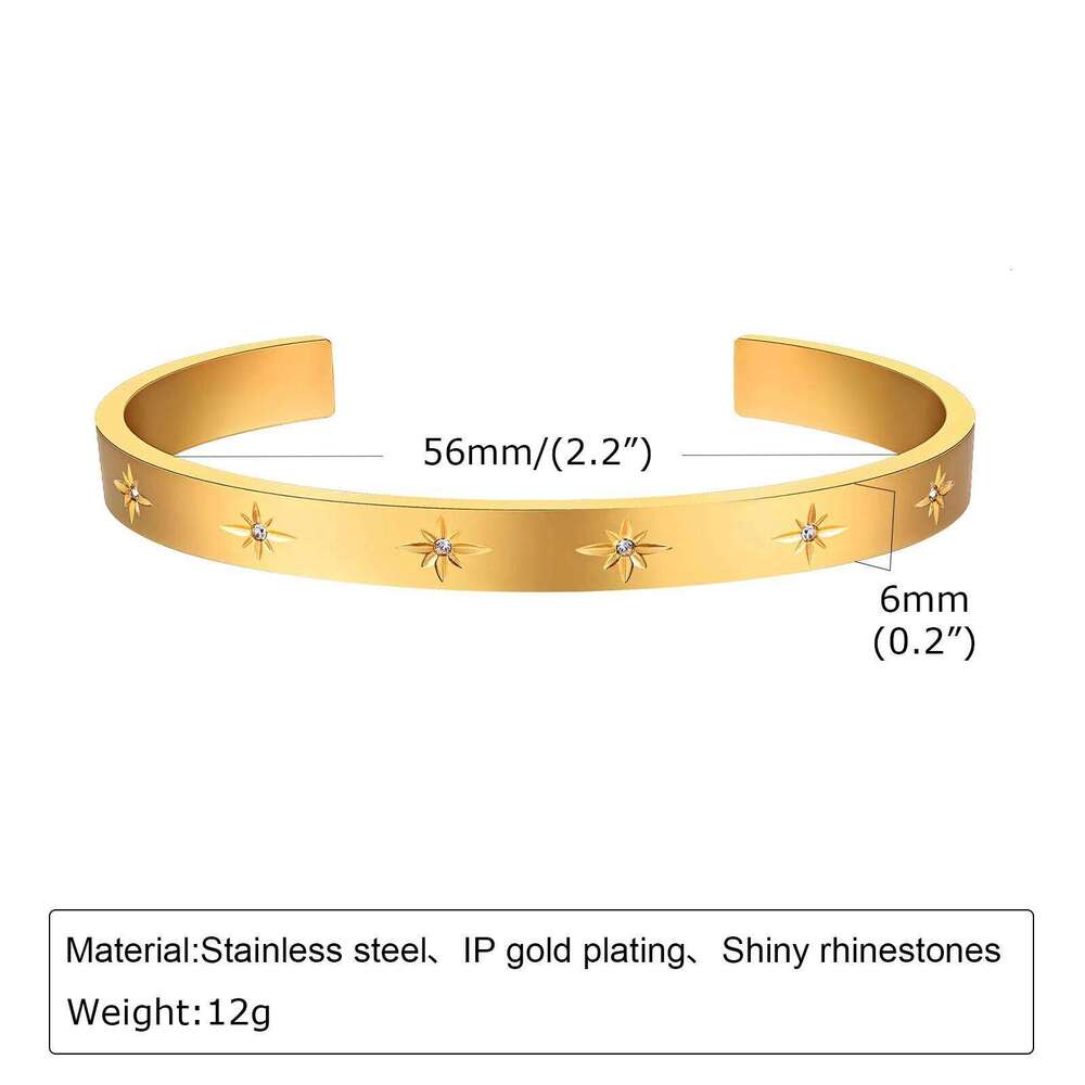 Open Adjustable Star Starburst Cuff Bangle Bracelet for Women Stainless Steel Cubic Zirconia Inlay Charm Layered Jewelry XJ260303