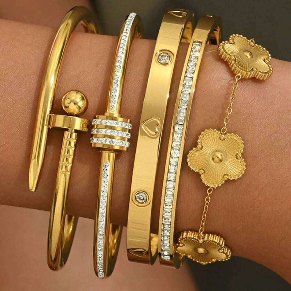 1Pcs Luxury Stainless Steel Shiny Zircon Bracelet for Woman Trendy Gold Color Couple's Bangles Jewelry Party Birthday Gifts XJ260303