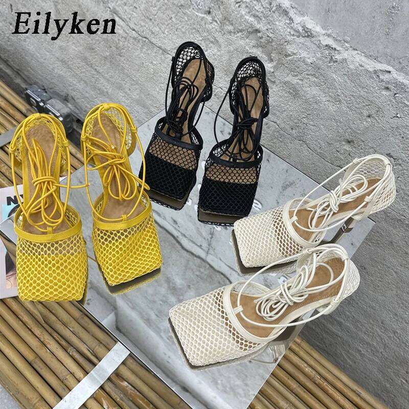 Eilyken Sexy Mesh Pumps Sandals Female Square Toe High Heel Lace Up Cross Tied Stiletto Hollow Dress Shoes Zapatos Mujer MOJIDASHU