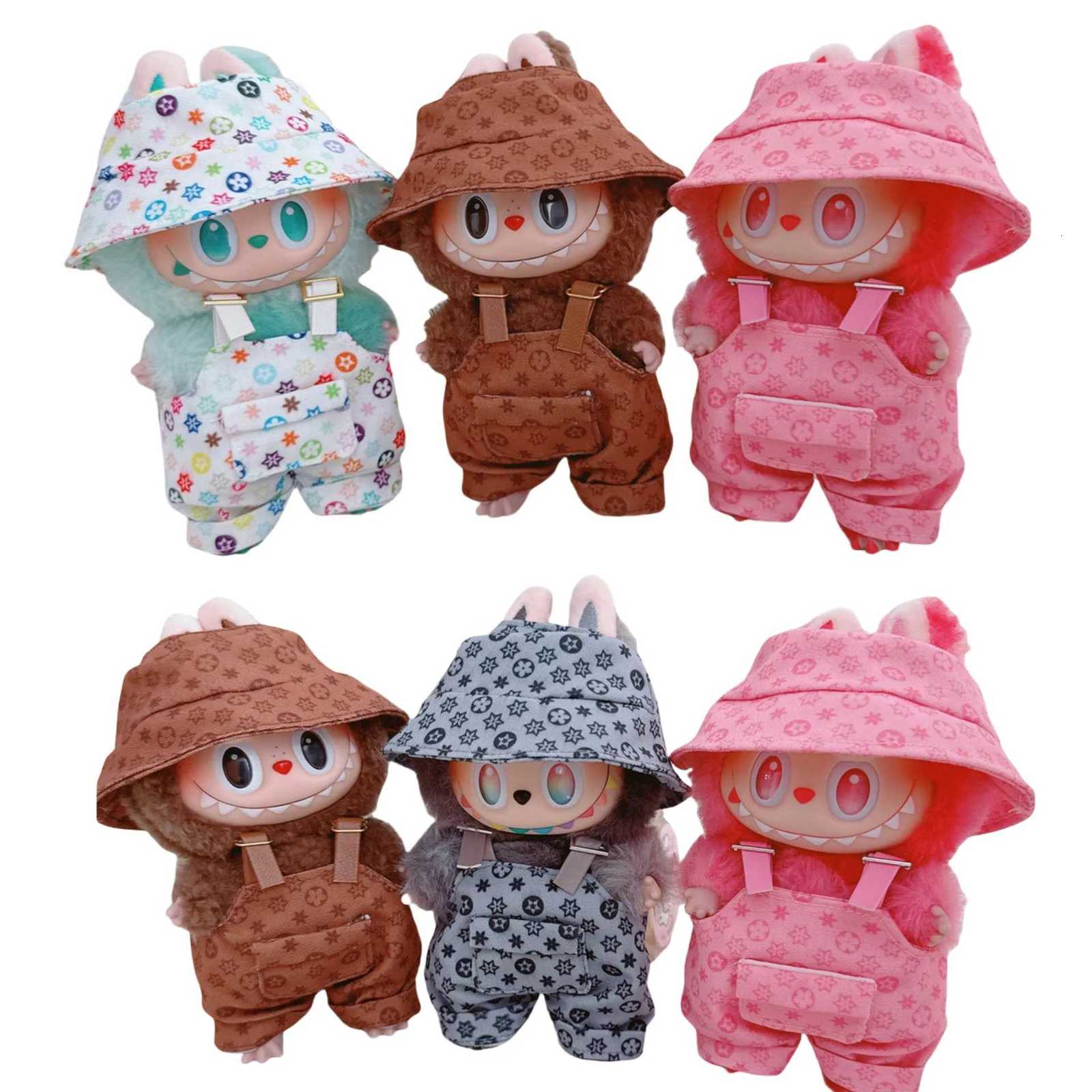 17cm Labubu Trendy Multicolor Print Fisherman Hat and Overalls Set, Cute Outfit Accessory for Labubu Doll DIY DecorationT260304