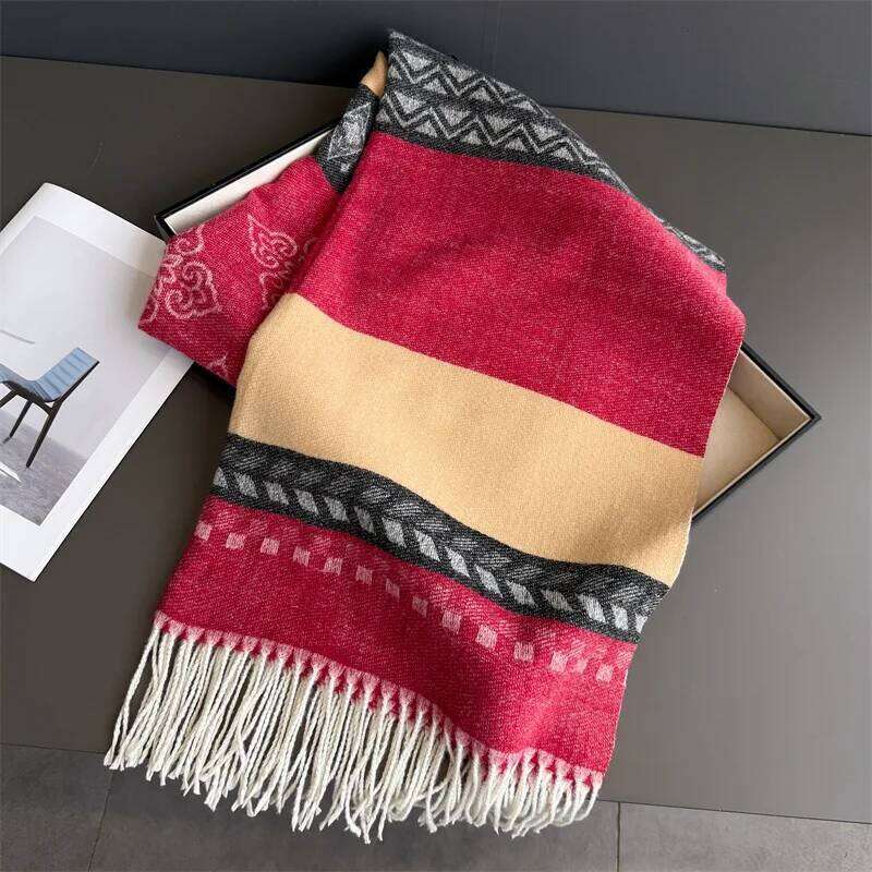 Winter Neck Warmer Scarf For Women 70*200CM Thickened Tassel Pashmina Shawl Faux Cashmere Warps Autumn Elegant Ladies Blanket XJ260304