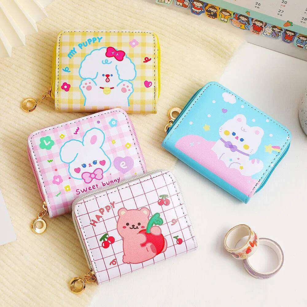 Cute Rabbit Square Coin Purse Cartoon Teenage Girls Multi Position Short Card Student Pu Document Bag Wallet C260304