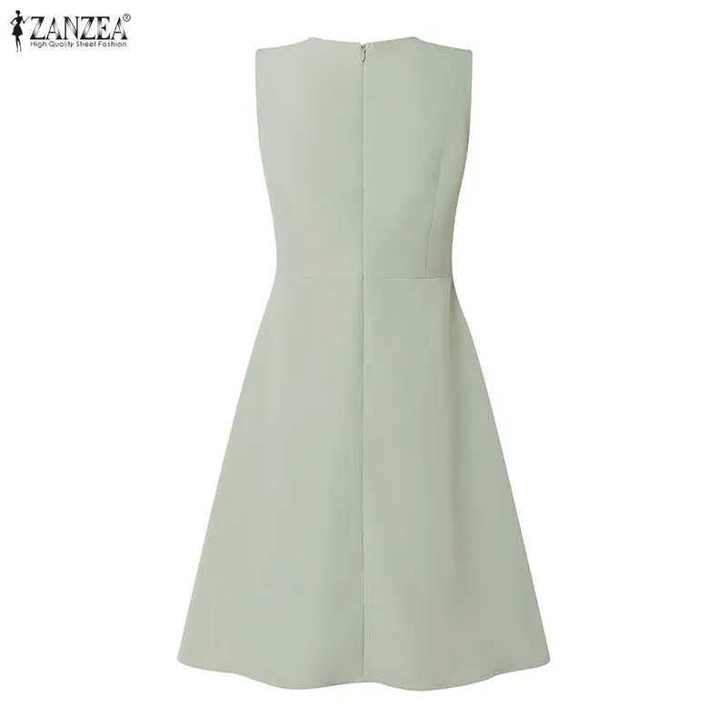 ZANZEA Summer Woman Elegant A-Line Party Dress Solid Color O-Neck Sleeveless Fit and Flare Knee-Length Dress Minimalist Sundress M260304