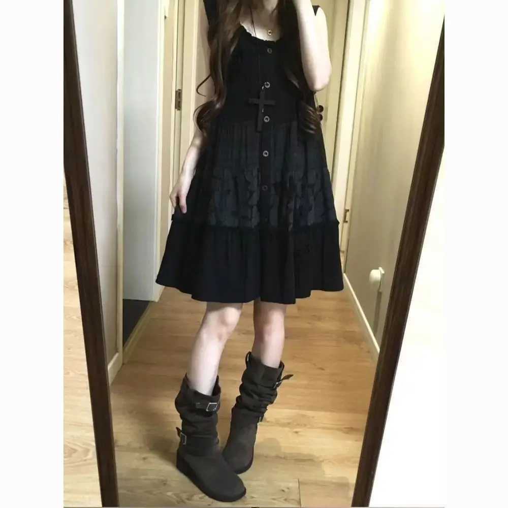 Vintage Black Print Loose Sling Dress Womens Summer New Retro Sleeveless Sweet Dresses Design Hepburn Gothic Patchwork Outfits M260304
