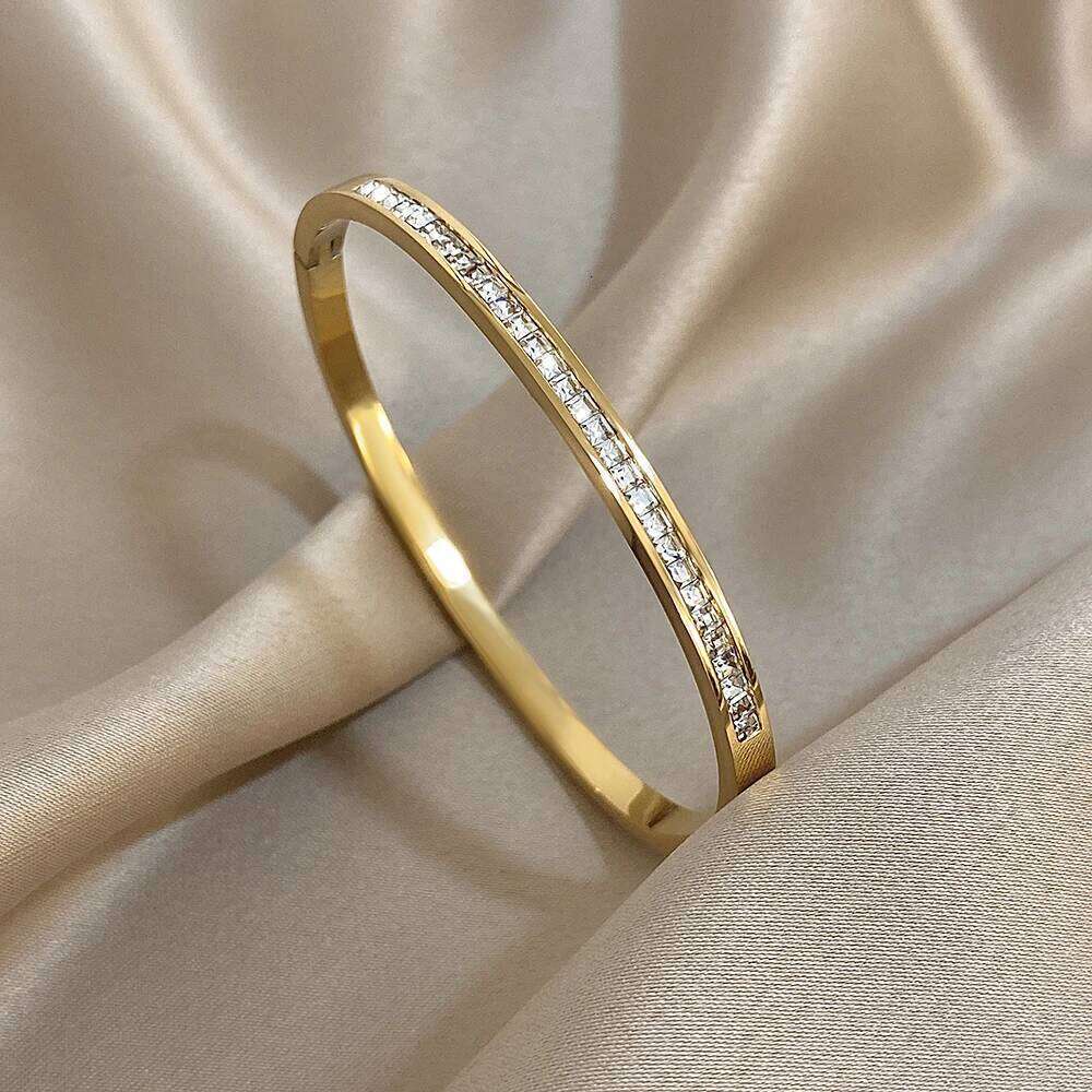 Glossy Rhinestone Stainless Steel Bangles Bracelets for Women Fashion Gold Silver Color Stacked Cuff Bracelet Jewelry Gifts XJ260303