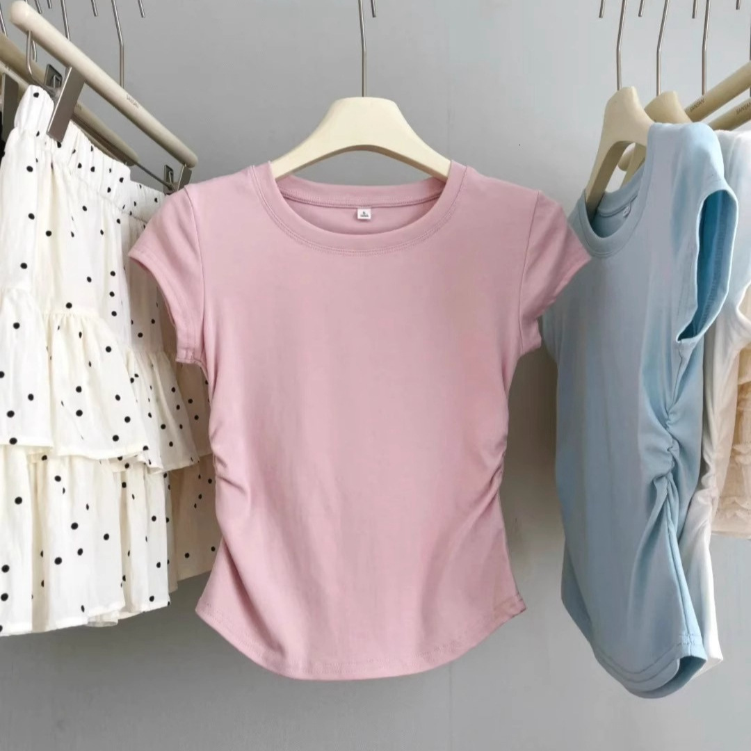 2026 Summer Youthful And Age-reducing Waist-cinching Pleated Designer Shirt Polo Shirt T-shirt With Straight Shoulders Pure Designer Hoodie Women's Irregular
