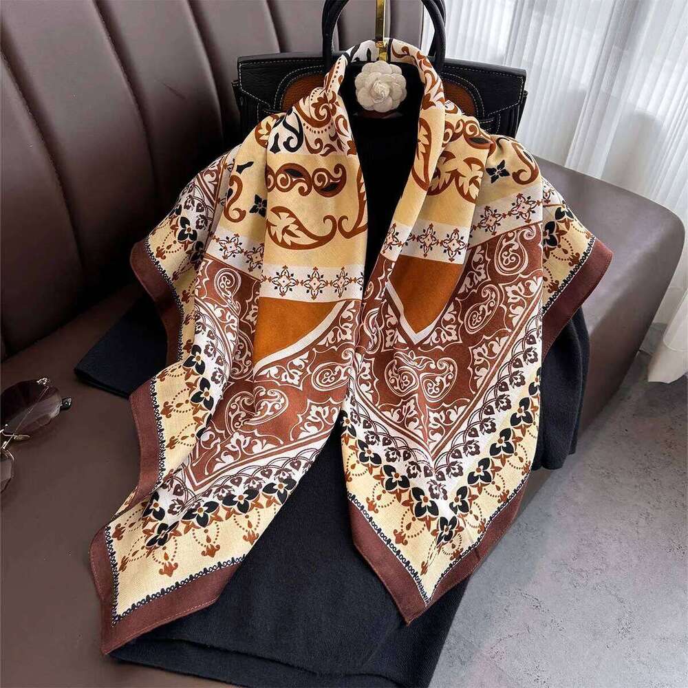 90*90cm Retro Printed Square Scarf Women Imitation Silk Scarves Bandanas Luxury Travel Shawl Wraps Elegant Hijab Neckerchief XJ260304