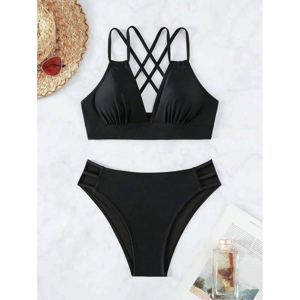Women's Split Bikini Double Shoulder Straps Bra Cross-adjustable Waist Hollow Swimsuit Sexy Beach Set Bathing Suit Women Y260303